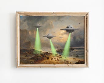 ビクトリア朝風景 UFO アートプリント: 面白いエイリアン誘拐改変絵画