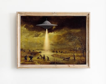 Vintage UFO Landscape Art Print, Alien Abduction Painting, Surreal Sci Fi Wall Decor Poster