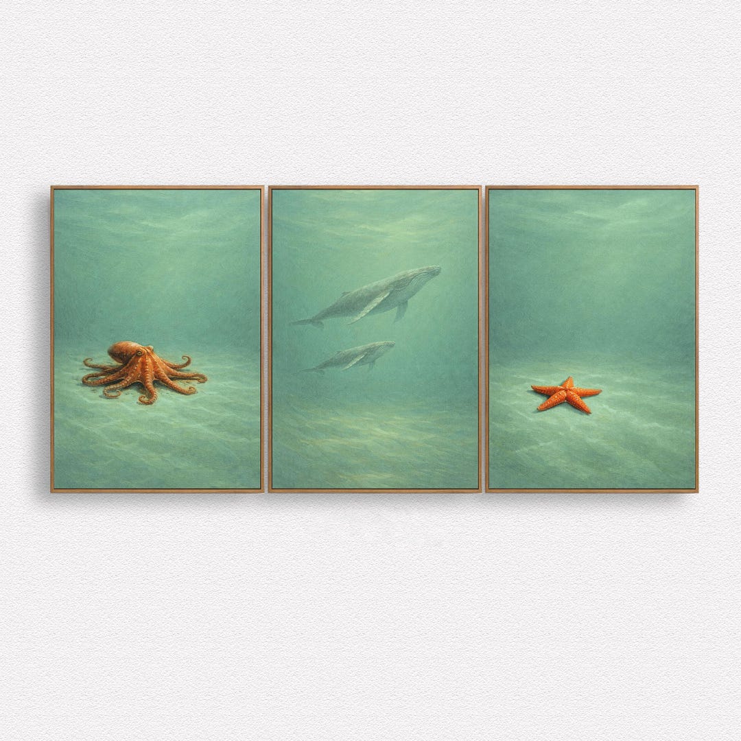 Ocean Triptych Wall Art Set, Coastal Minimalist Prints, Octopus Whale ...