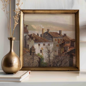 Stampa quadrata di architettura europea, dipinto di paesaggio urbano neutro quadrato, arte murale di paesaggio malinconico, quadri quadrati, stampati e spediti, 034