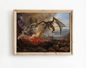 Dragon Altered Art Print, Vesuvius Eruption Funny Pop Culture, Vintage Painting Wall Decor