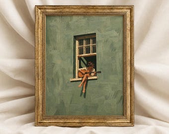 Woman Playing Guitar in Window Print | Sage Green Music Lover Wall Art | Art for Musician