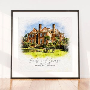 Aquarel trouwlocatie schets, gepersonaliseerd huwelijkscadeau, aangepaste portretschilderij, aangepaste gebouwillustratie, verjaardagscadeau kunst