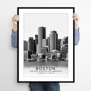 Boston Travel Poster, American Poster Print, Boston Wall Art Minimalist, USA Print, Prints of America, Boston Black And White Coordinates