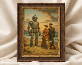 May include: A framed painting depicting a metallic robot standing on a sandy beach next to a woman in a long dress, a man in a suit and hat, and a collie dog. The scene is set at sunset by the ocean, enclosed in a dark brown wooden frame.