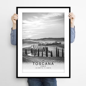 Póster de la Toscana, póster fotográfico de viajes de la Toscana, póster impreso de la Toscana, fotografía en blanco y negro de Italia