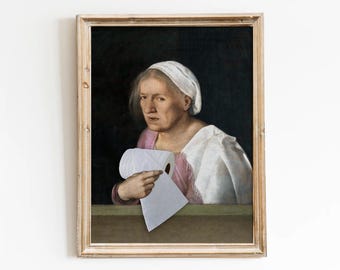 Grappige badkamerprint, portret van veranderde kunst, toiletpapierhumor, vintage muurdecoratie