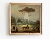 Victorian UFO Landscape Art Print: Funny Alien Abduction Wall Art
