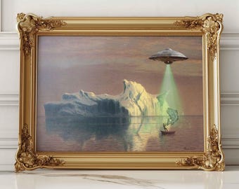UFO Abduction Art Print: Funny Altered Vintage Coastal Landscape