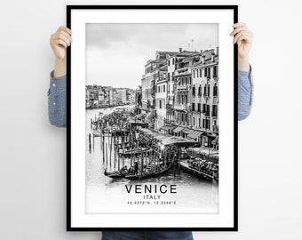 Venise Voyage, Venise Italie Affiche d’impression de voyage, Venise Décoration d’art mural, Venise Coordonnées en noir et blanc, Italie Art de voyage, Italie Art mural