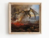Dragon Art Print, Altered Vintage Painting, Fantasy Wall Decor, Mythical Creature Artwork Poster
