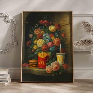 Barockes Essen Kunstdruck, Blumen Stillleben Poster, Upcycled Thrift Dekor, schrullige vielseitige Küchenwandkunst, Malerei im Vintage-Stil