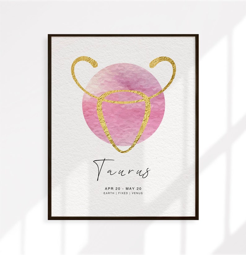 Taurus Cursive Taurus Zodiac Sign Poster: Gold Symbol, Pink Watercolor (digital ...