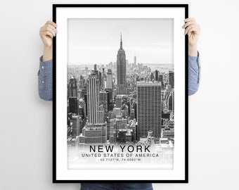 New York Print, New York Poster, New York Wall Art Decor, New York Black and White Coordinates, New York United States Wall Art Print Poster