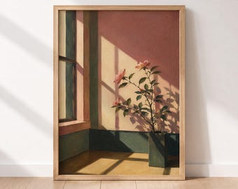 Pink and Green Wall Art Print, Botanical Shadow Painting, Abstract Plant Silhouette Flower Decor