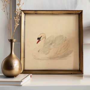 Stampa quadrata con cigno, decorazione da parete vintage per cameretta dei bambini, stampa da parete quadrata neutra con acquerello, decorazione quadrata in stile rustico, stampata e spedita, 075