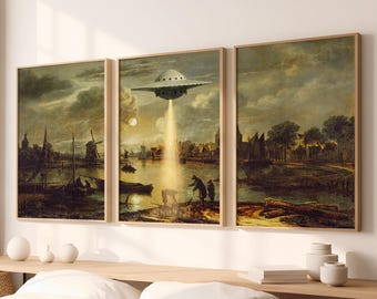 UFO Wall Art Print Set: Vintage Sci-Fi Alien Entführung Collage veränderte Poster