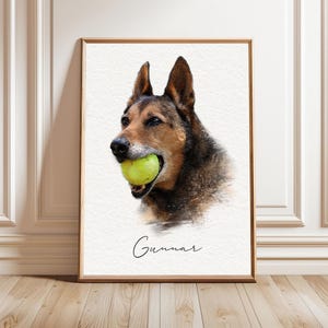 May include: A framed portrait print featuring a brown and black dog holding a bright yellow tennis ball in its mouth. The dog is depicted against a textured white background with the name Gunnar written in black cursive script below the animal.