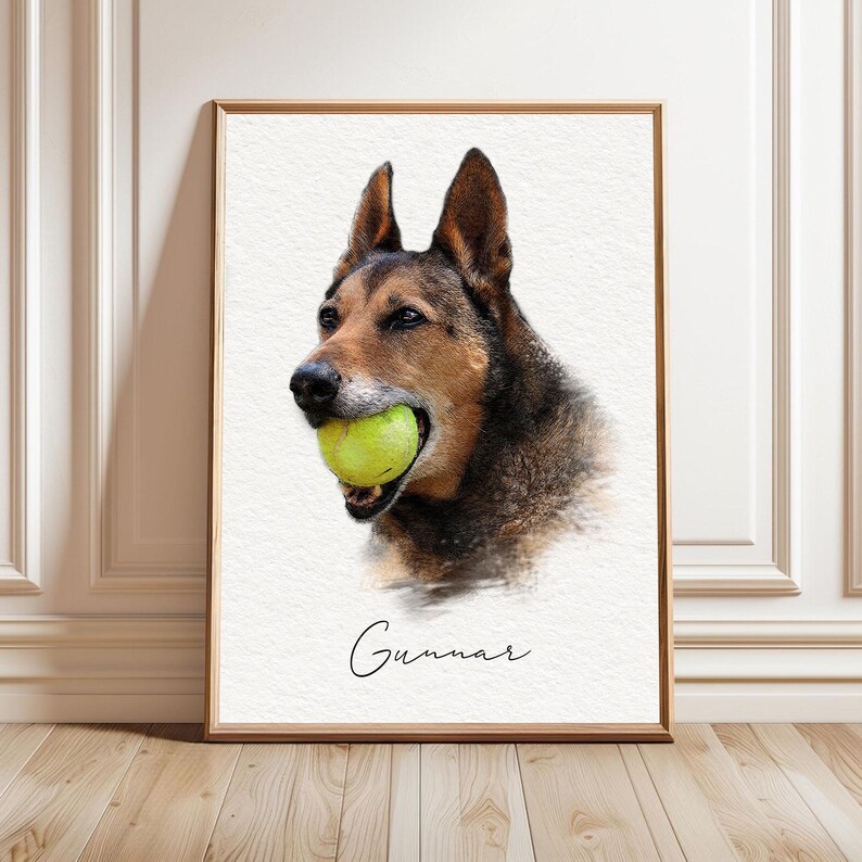 May include: A framed portrait print featuring a brown and black dog holding a bright yellow tennis ball in its mouth. The dog is depicted against a textured white background with the name Gunnar written in black cursive script below the animal.
