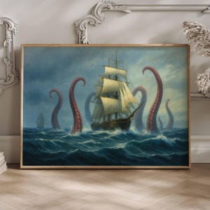 Octopus Wall Art Print, Surreal Coastal Ocean Decor, Nautical Sea Life Poster, Quirky Tropical Beach House Art, Whimsical Pop Art Painting