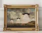 Vintage Coastal Landscape Funny Altered Art Print UFO Printable Wall Art Eclectic Print Alien Abduction Banksy Art Altered Melody Art Print