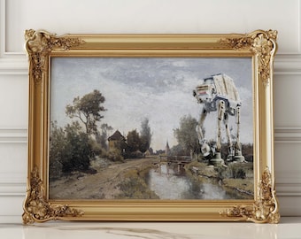 Altered Vintage Art Print: Cottagecore Landscape with Alien