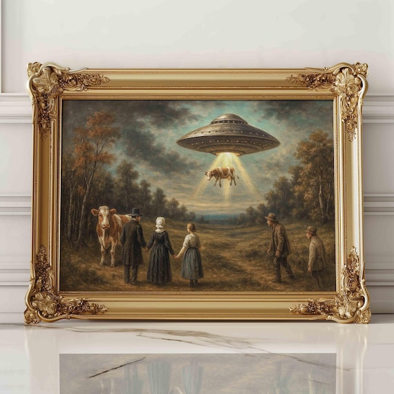 ビクトリア朝時代のUFO牛誘拐プリント：面白いシュルレアリスムの壁画