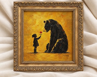 Child and Bear Painting, Whimsical Animal Square Print, Golden Nursery Decor, Bear Wall Art, Woodland Artwork