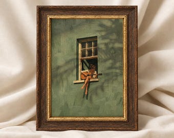Wall Art Woman Playing Guitar, Music Lover Print, Musician Gift, Sage Green Window Decor