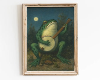 Funny Frog Wall Art Print, Whimsical Animal Musician Folk Art, Rustic Poster Decor