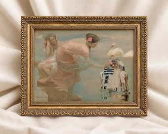 Funny Altered Art Vintage Painting, Antique Pink Print, Rustic Movie Poster, Collage Wall Art