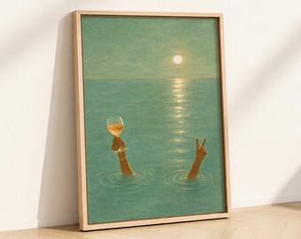 Ocean Summer Wall Art, Coastal Lifestyle Print, Blue Water Painting, Funny Poster Decor