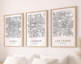 Set Of Custom City Map Prints, Pesonalized City Map Posters, Any City Custom Map Wall Art, Custom Map Gift, 1, 2, 3, 4, 6 or Map Download