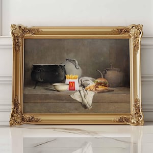 Natura morta vintage da cucina, arte modificata da negozio dell'usato, arte murale ispirata alla cultura pop, arte originale alterata, natura morta divertente