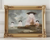 Funny UFO Abduction Art Print: Victorian Landscape Altered Art (Printable)