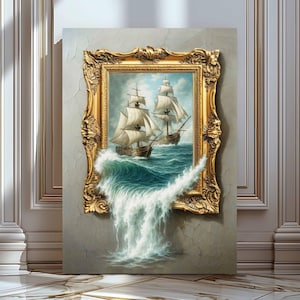Dipinto surreale di una nave oceanica, opera d'arte originale, illusione ottica 3D con velieri e onde che si infrangono, olio nautico su carta, arte stravagante