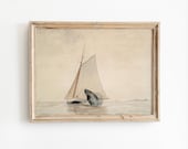 Shark Attack Sailboat Print, Altered Vintage Nautical Watercolor, Funny Ocean Wall Art