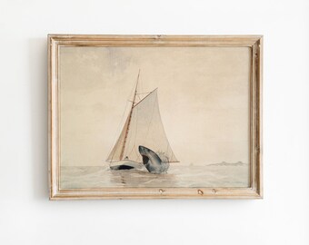 Shark Attack Sailboat Print, Altered Vintage Nautical Watercolor, Funny Ocean Wall Art