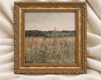 Wildflower Field Landscape Oil Painting Print: Vintage Country Wall Art