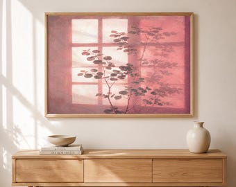 Pink Abstract Botanical Shadow Print, Minimalist Horizontal Wall Art, Floral Painting, Textured Modern Decorr