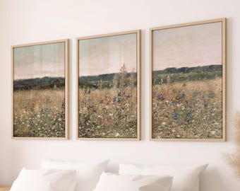 Colorful Floral Print Set Of 3, Wildflower Field Paintings, Vertical Wall Art Decor