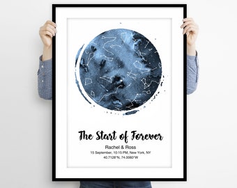 Sternenkarte nach Datum im Celestial Aquarell Design, Personalisierter Sternen karte Druck ist die perfekte individuelle Sternenkarte Geschenk für Paare, Stern Karte Poster