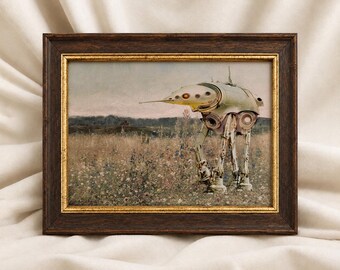 May include: A framed print featuring a surreal illustration of a metallic, multi-legged mechanical creature standing in a wild meadow. The artwork is encased in a dark brown wooden frame with a thin gold inner border, set against a draped fabric.