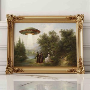 Altered Vintage Landscape Print - Alien Abduction, Aliens Art, Spaceship, Funny Vintage, Aliens in Landscape, Ufo Art, Ufo, Alien Print