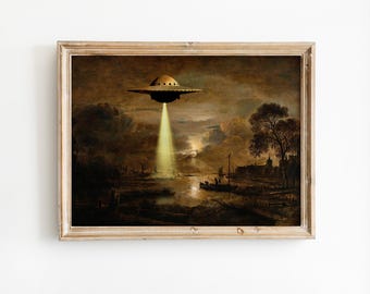 UFO Victorian Landscape Art Print: Funny Alien Abduction Poster