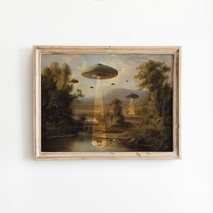 UFO-Entführung veränderter Kunstdruck, viktorianische Landschaft, Eklektische Wandkunst, surreales Wohndekor
