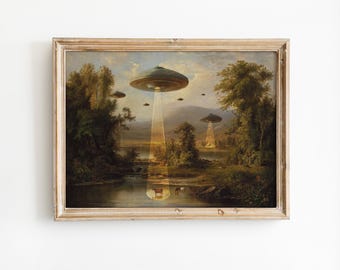 UFO Abduction Altered Art Print, Victorian Landscape, Eclectic Wall Art, Surreal Home Decor