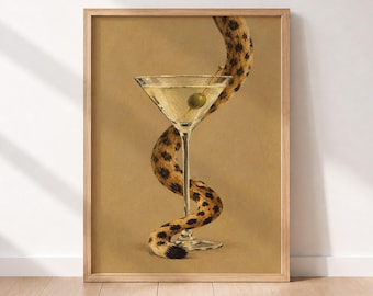 Leopard Tail and Dirty Martini Wall Art Print: Cocktail Cart Decor, Conversation Piece Artwork, Drink Funny Poster, Gift for Housewarming