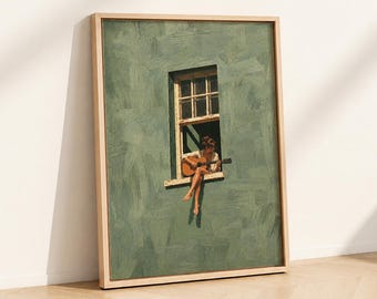 Woman Playing Guitar in Window Print | Sage Green Music Lover Wall Art | Art for Musician