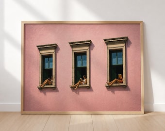 Pink Minimalist Wall Art, Calm Summer Window Print, Book Lover, Soft Dopamine Home Decor